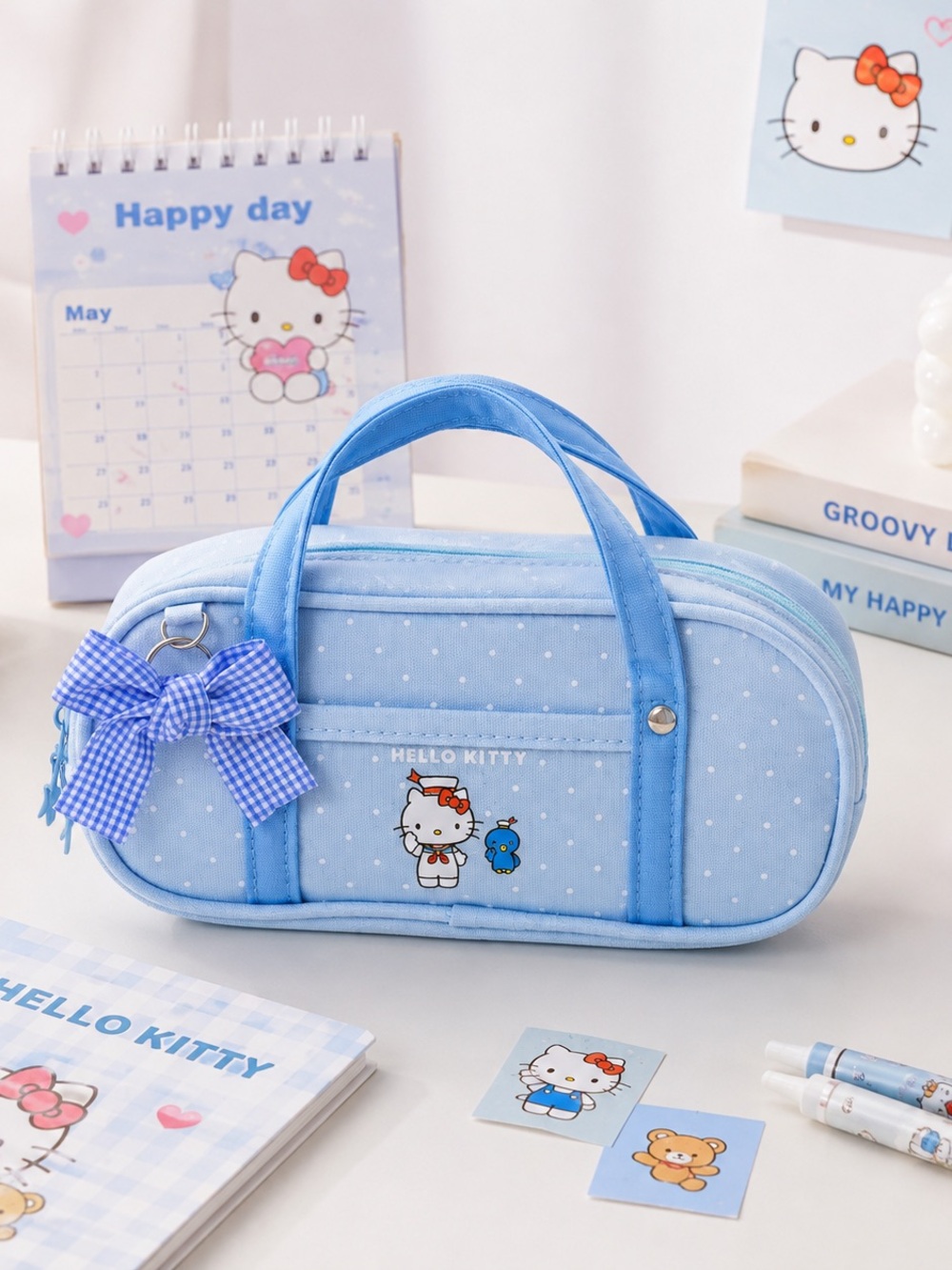 Hello Kitty Blue Pencil Carry Case with Gingham Bow